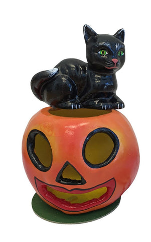 Schaller Paper Mache Candy Container - Cat on Pumpkin