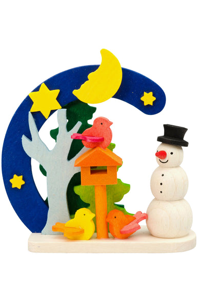 Snowman with a birdhouse out on a starry night