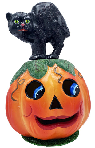 Schaller Paper Mache Candy Container - Black Scaredy Cat on Jack-O-Lantern